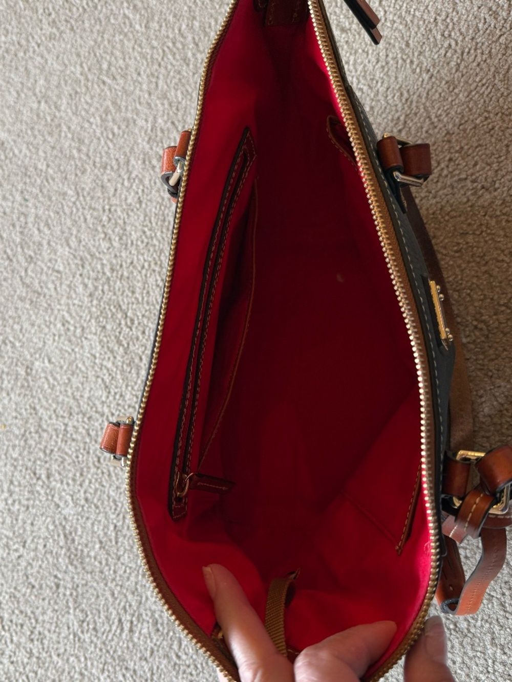 Dooney & Bourke Green/Blue Pebbled Leather Tote with Brown Trim - Picture 4 of 10